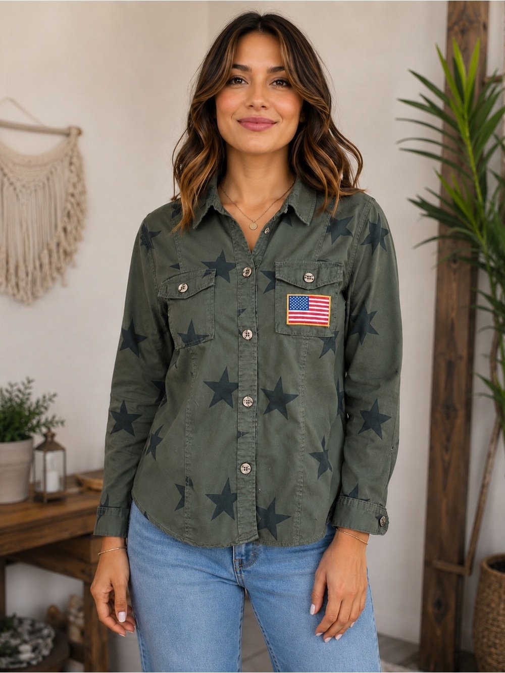 Knox Rose XL Olive Green Star Print Jacket USA Flag Patch 250 Years Graphic - Picture 2 of 15
